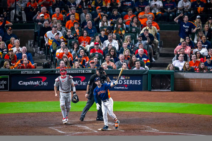 Astros third baseman Alex Bregman poses as he watches his two-run home run against the Phillies in Game 2 of the World Series.